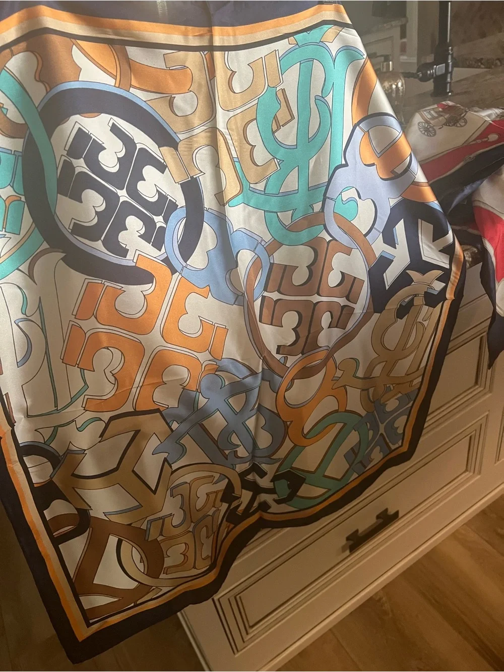 Silk Patterned Logo-Print Scarf in Cream, Orange, Teal & Navy! NWOT!